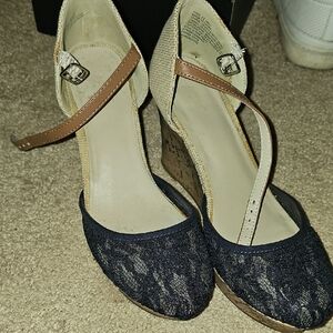 Apt. 9 Navy Lace Wedge Sandals with Tan Ankle Strap